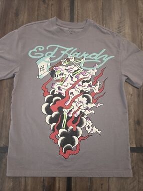 Ed Hardy Skull Graphic T Shirt Mens Medium Gray Y2K Tattoo Streetwear Tee